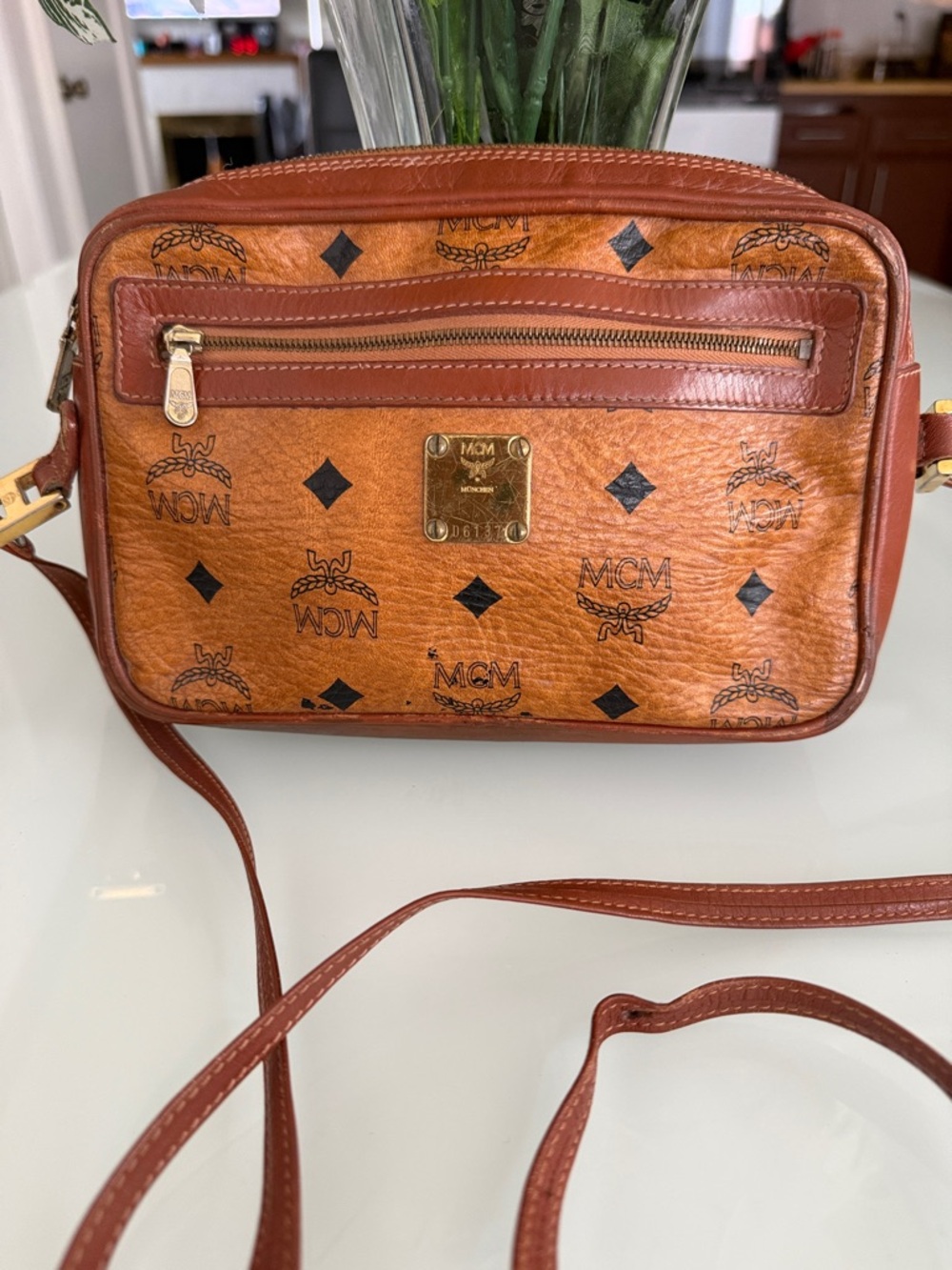 MCM mini Cognac Brown Visetos Logo Crossbody Bag